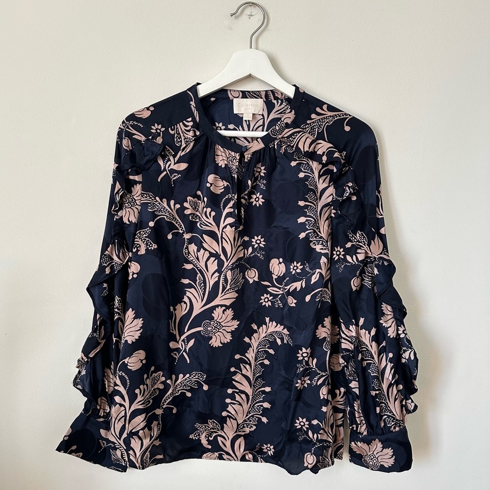 J.Crew Collection Silk Blouse Floral Ruffle Sleeve Mock Neck Size Medium